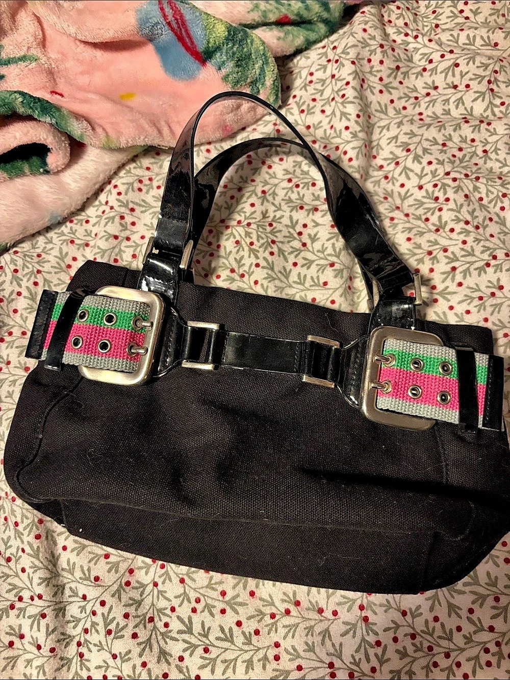 Black Shoulder Bag with Colorful Buckles